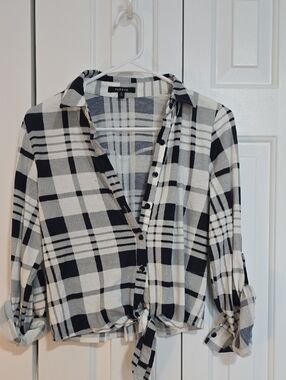 Papaya Black & White Plaid Tie-Front Button-Down Top